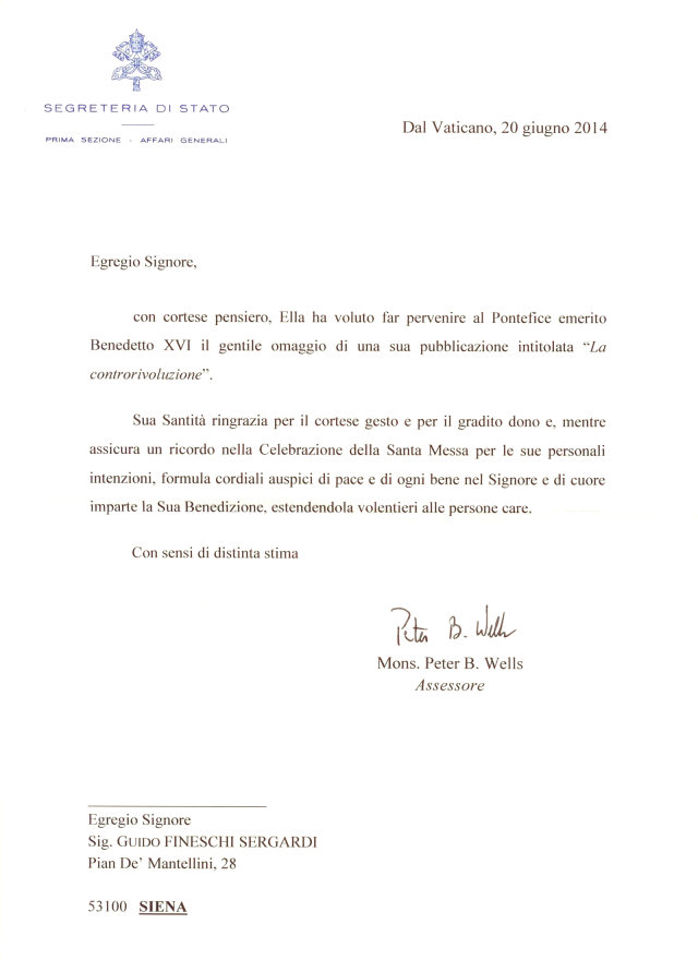 ringraziamento benedetto XVI - la nostra controrivoluzione - guido fineschi sergardi