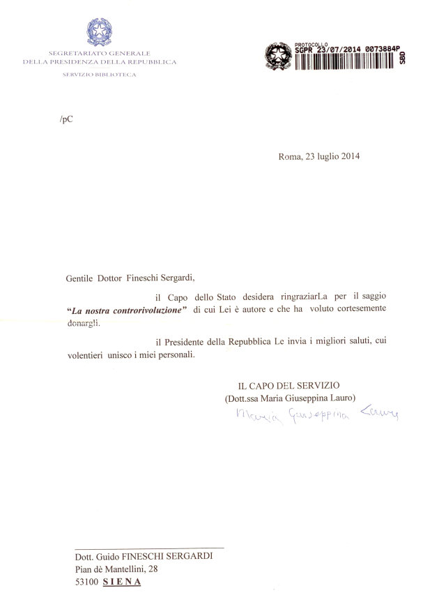 ringraziamento presidente napolitano - la nostra controrivoluzione - guido fineschi sergardi